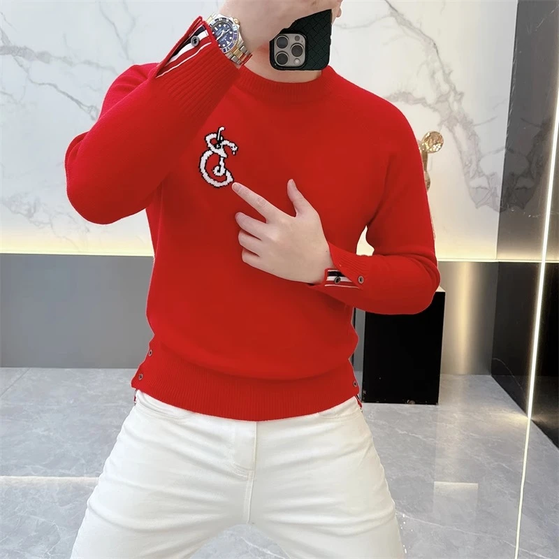 欧货轻奢高品质长袖针织毛衣本命红色秋冬男士休闲圆领打底衫9873