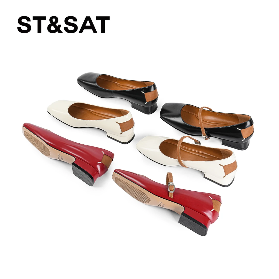 St&Sat/星期六时尚复古一字带单鞋浅口女鞋春季复古方头小皮鞋