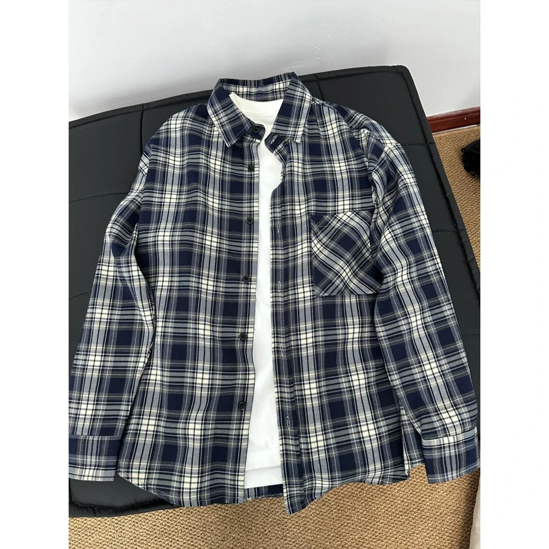 藏蓝色格子衬衫男春秋季美式复古慵懒风长袖衬衫休闲百搭叠穿寸衫