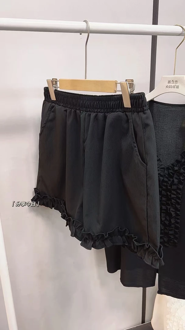 新款韩版甜美木耳花边高级感松紧腰a字阔腿短裤女夏季外穿