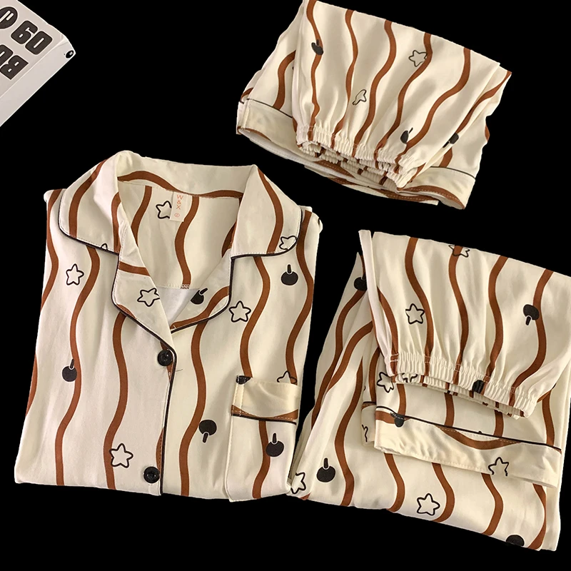 韩版ins波浪条纹短袖短裤三件套夏季网红简约睡衣女士大码家居服