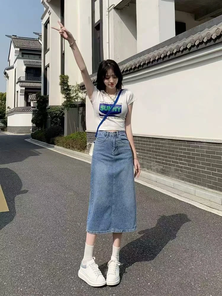 微胖女装大码牛仔半身裙复古后开叉裙牛仔裙显瘦