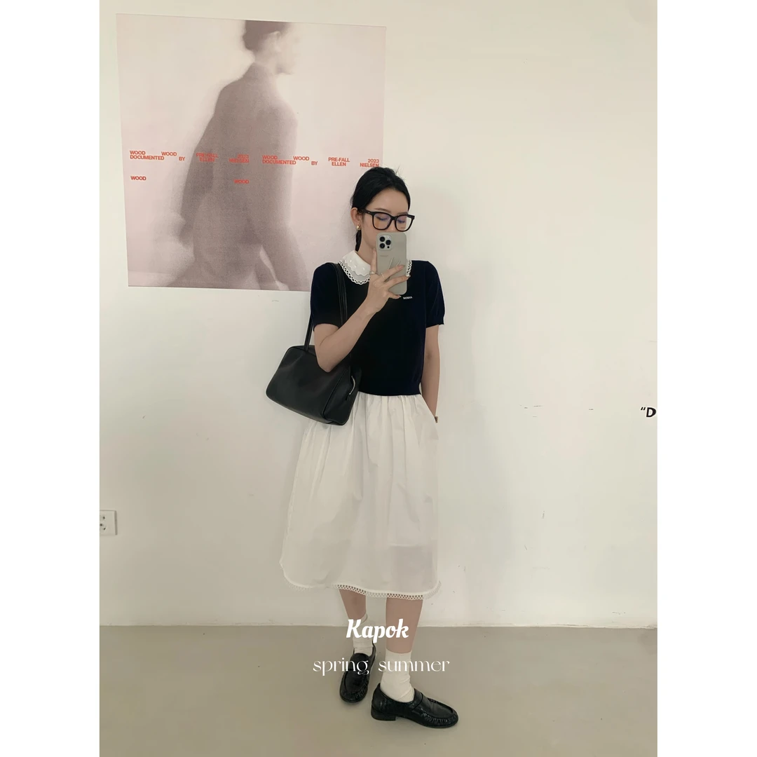 25005#MIU系下摆拼接镂空花边松紧腰百搭半身裙
