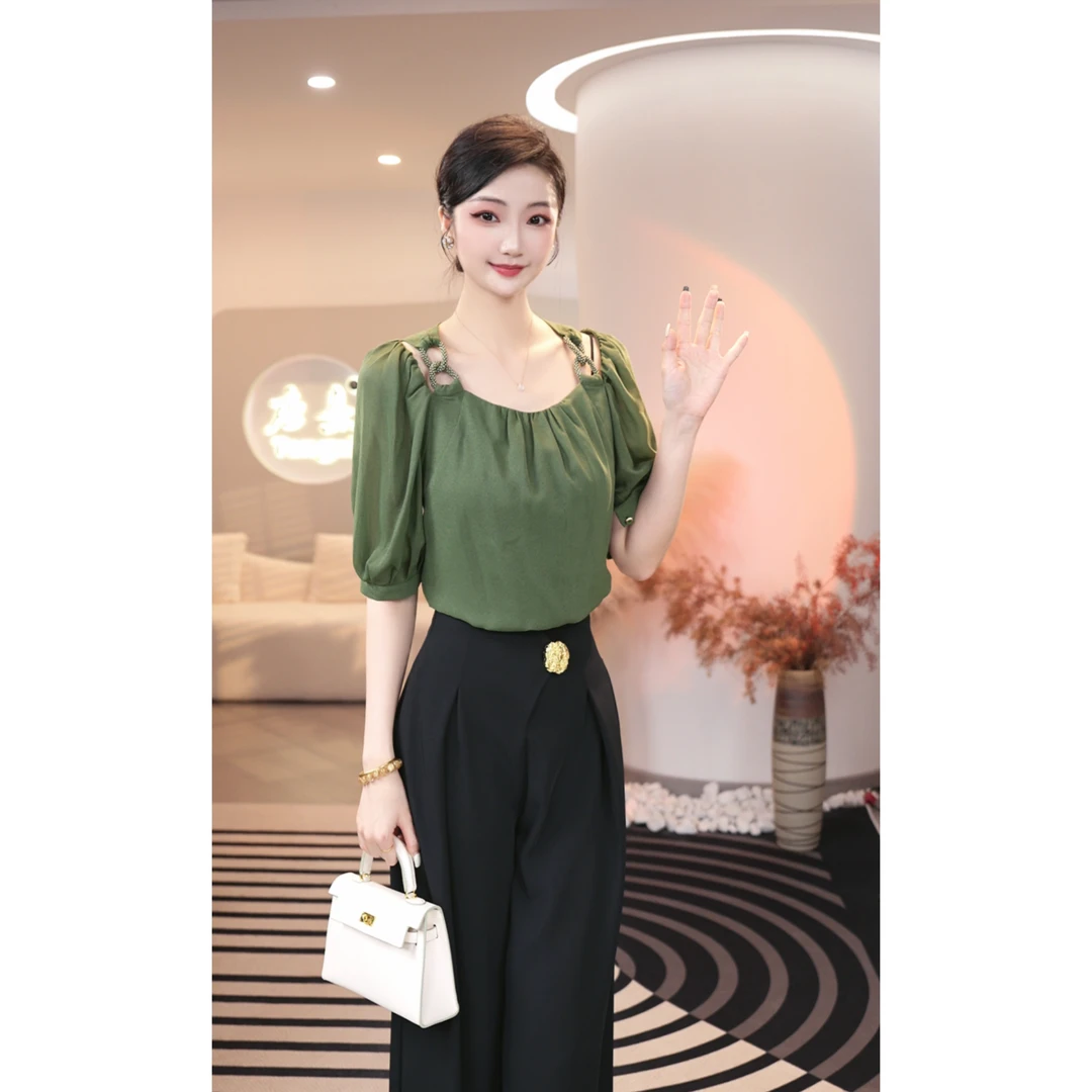 现货 2025夏季新款【ZM24-X378】高级时尚百搭气质绿色中袖衬衫上衣