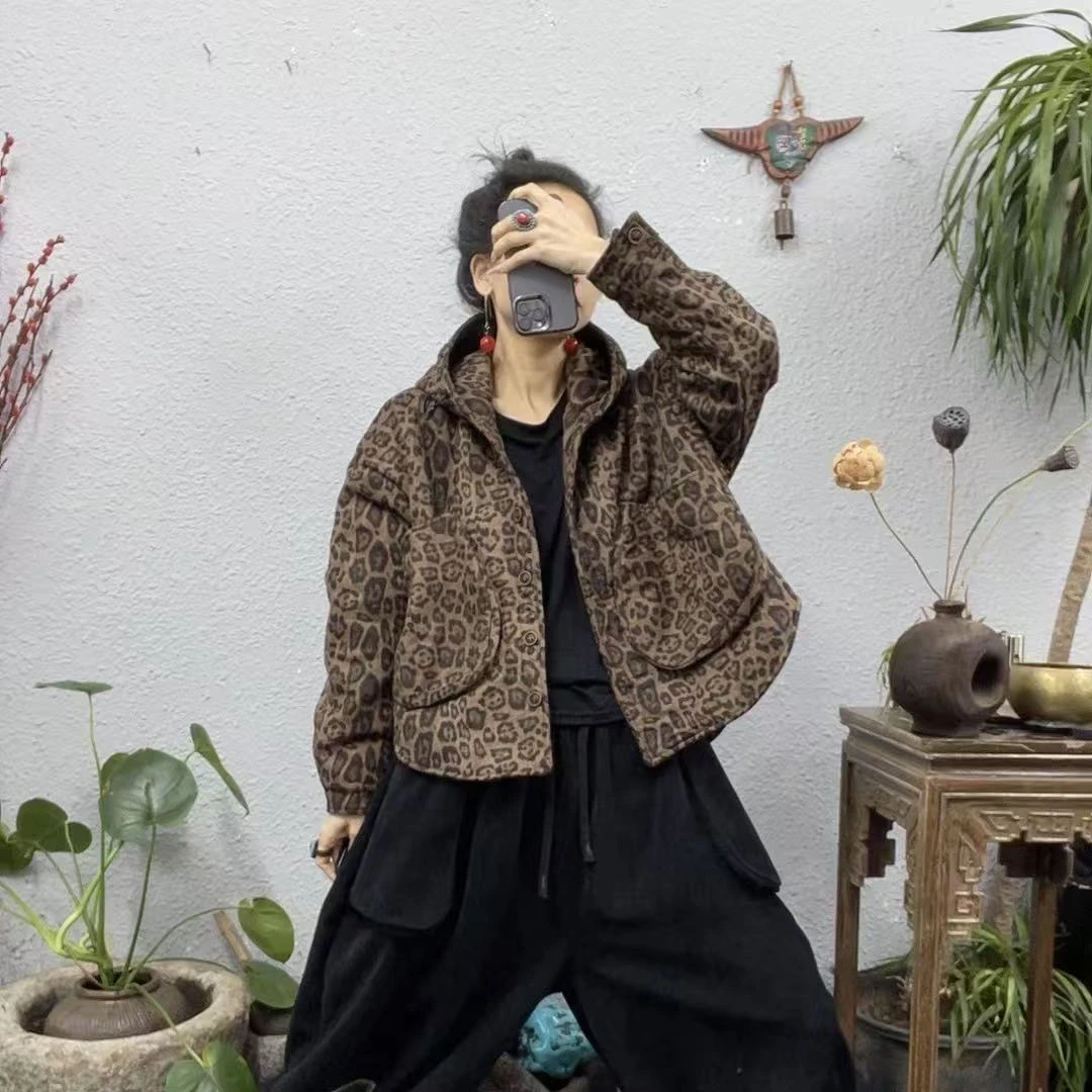 88818夹棉大口袋豹纹带帽外套（前56后64胸围122