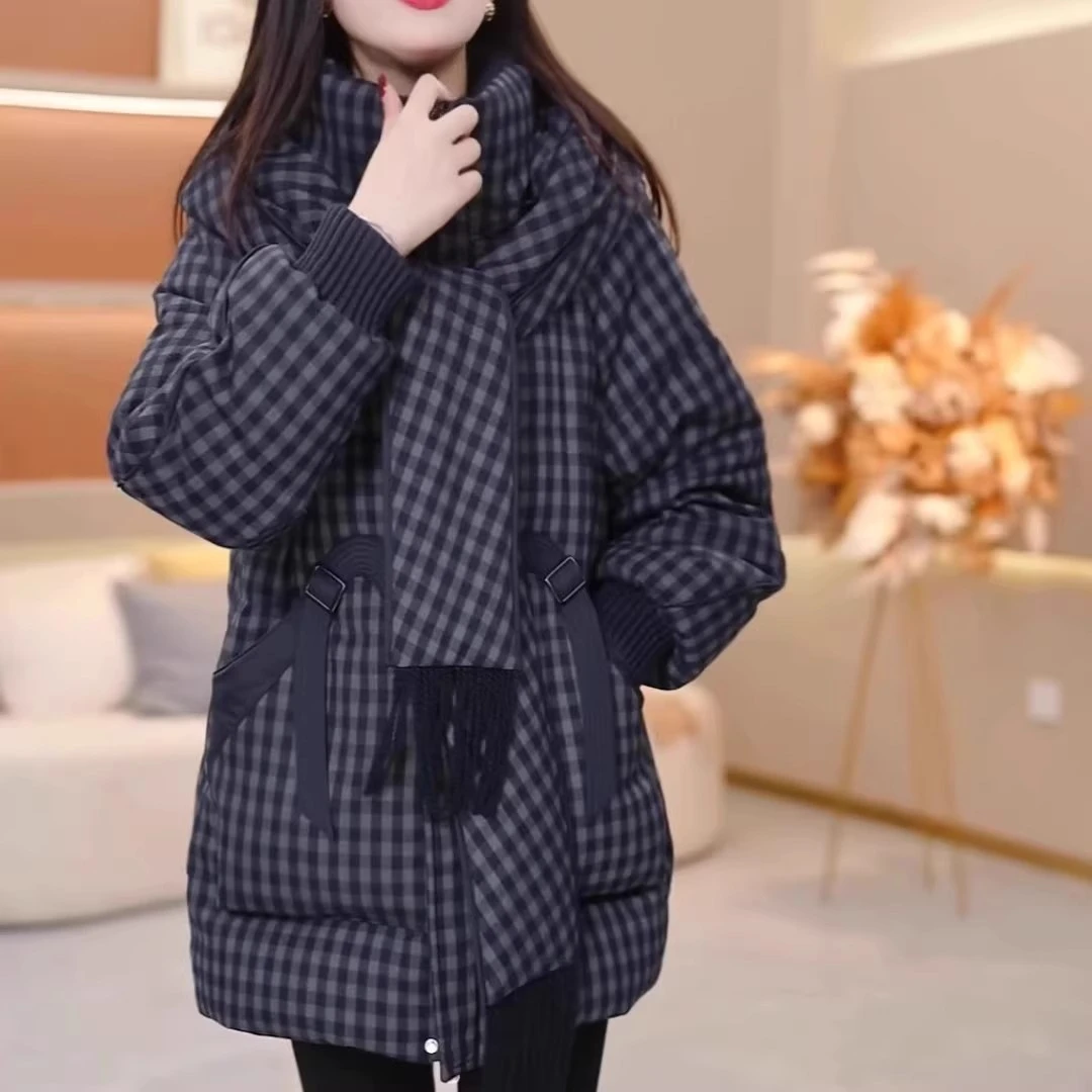 中长款格纹连帽羽绒服女2025冬季新款宽松加厚保暖时尚白鸭绒外套