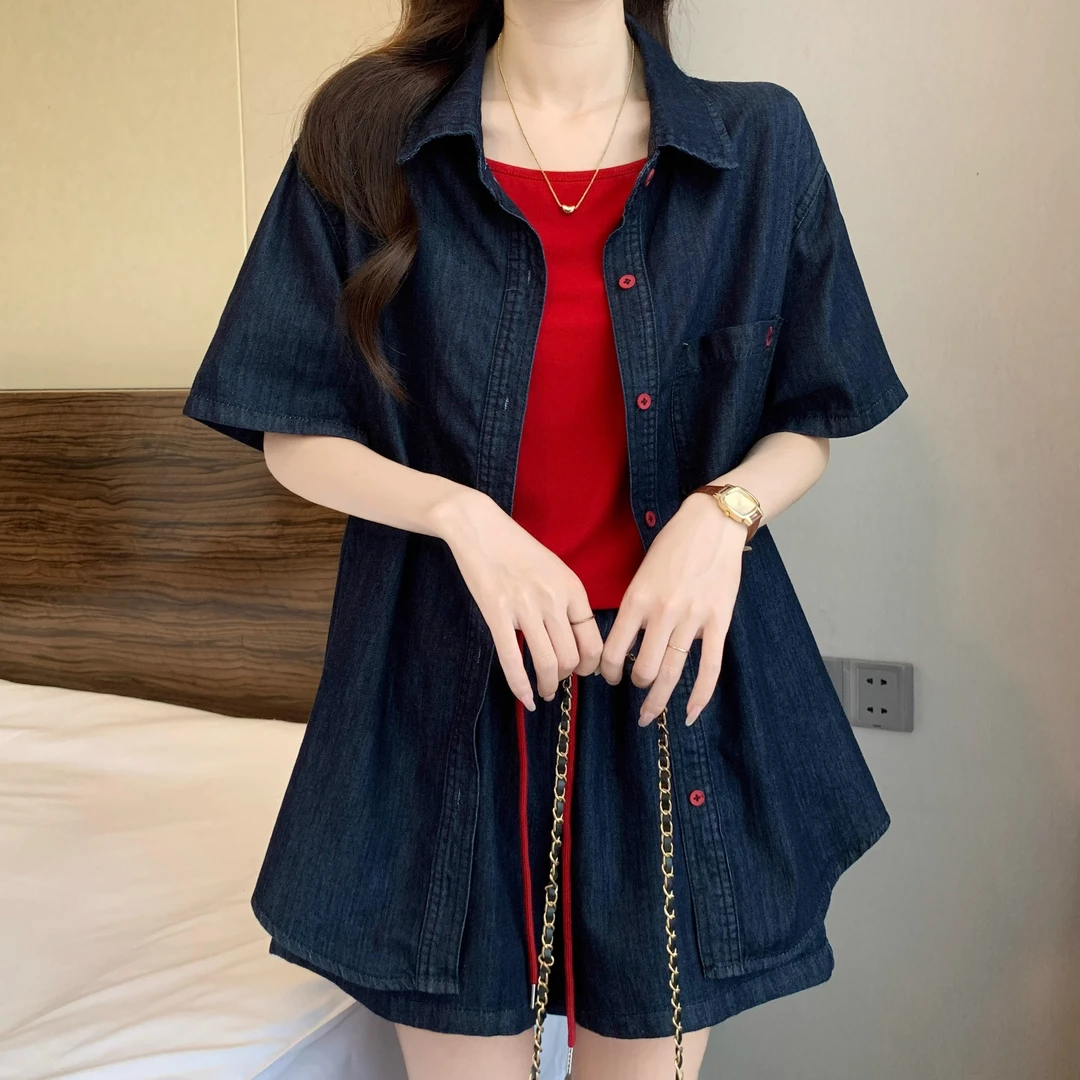 大码高级感超火牛仔套装女夏季爆款微胖mm遮肚藏肉显瘦短裤三件套