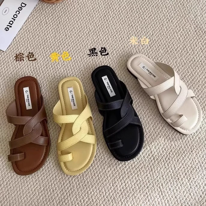 套趾黄色黑色外穿沙滩凉拖鞋厚底夏季方头小众修面皮平底一字拖