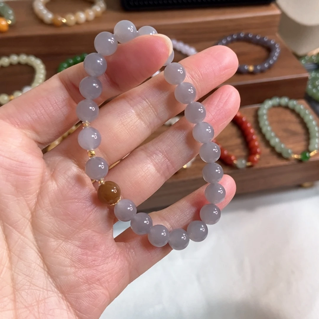 和田玉手链18K金镶嵌8mm冰紫