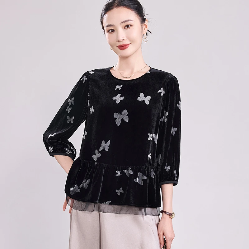 R5923减龄真丝丝绒上衣秋新款七分袖桑蚕丝小衫