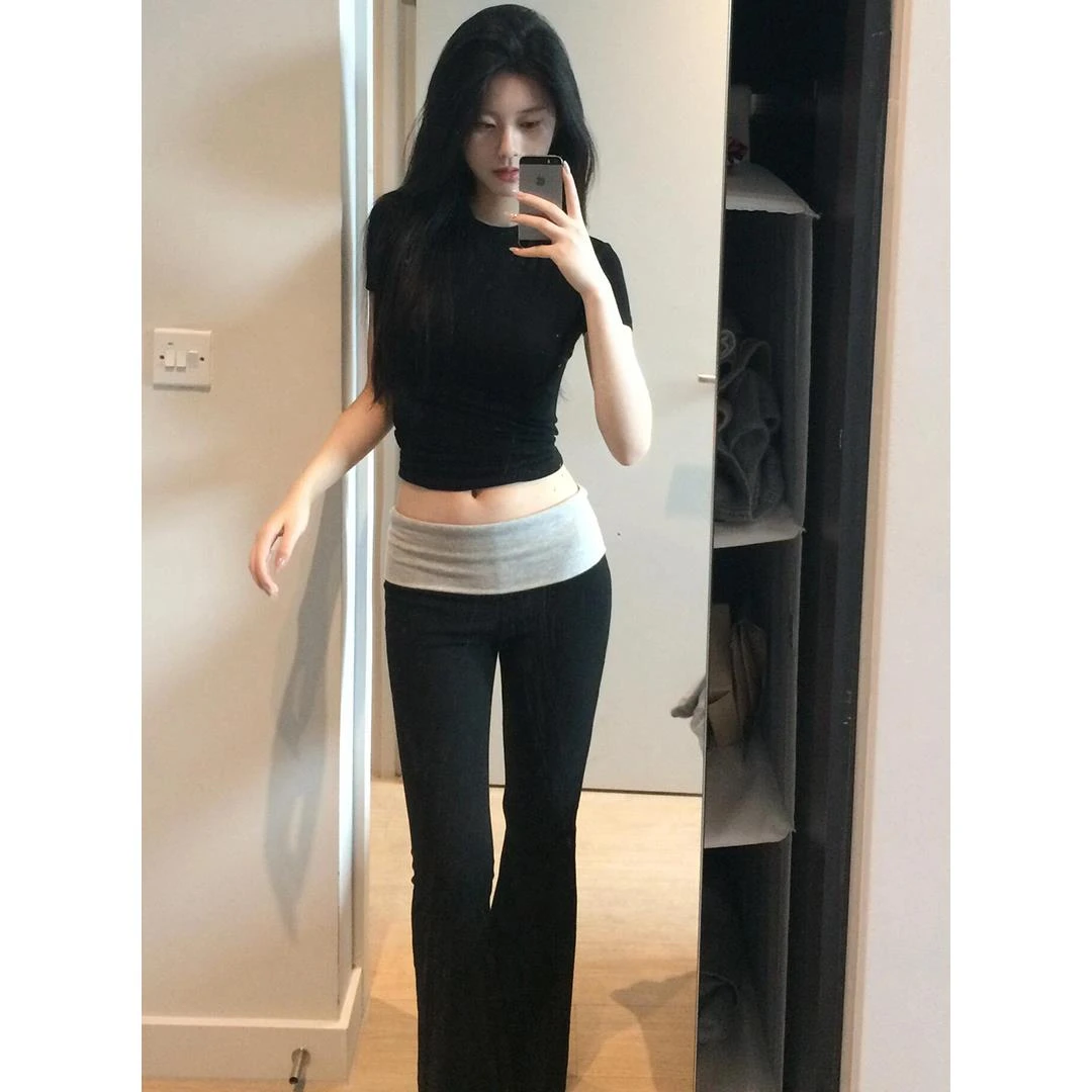 韩版hiphop拼接撞色高腰休闲裤女冬季修身显瘦休闲百搭微喇瑜伽裤
