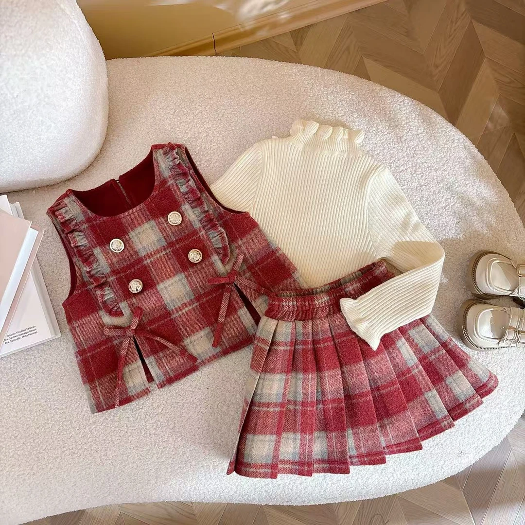 女童秋冬装套装洋气女宝宝年服格子裙小香风儿童冬款马甲裙三件套