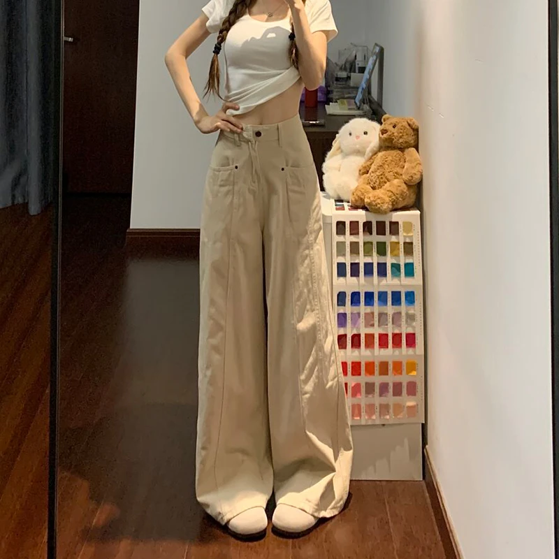 微胖mm高腰复古水洗工装牛仔裤女秋季新款宽松显瘦休闲百搭阔腿裤