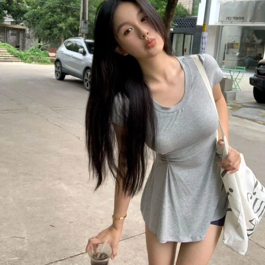 夏季新款圆领T裙掐腰小众设计感正肩T恤女时尚百搭显瘦上衣女6020