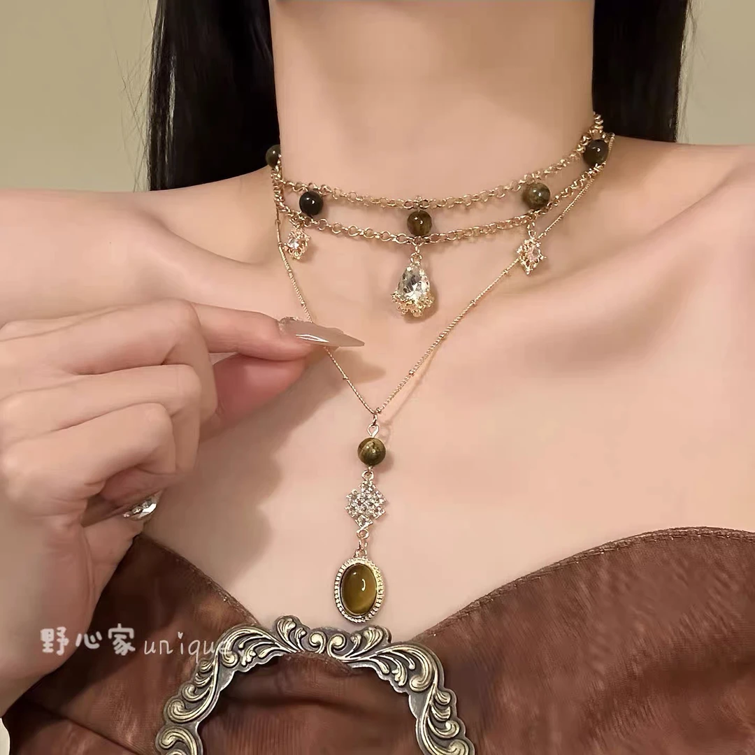 合金树脂项链 【日暮时节】中古Vintage虎眼石项链小众设计感锁骨链