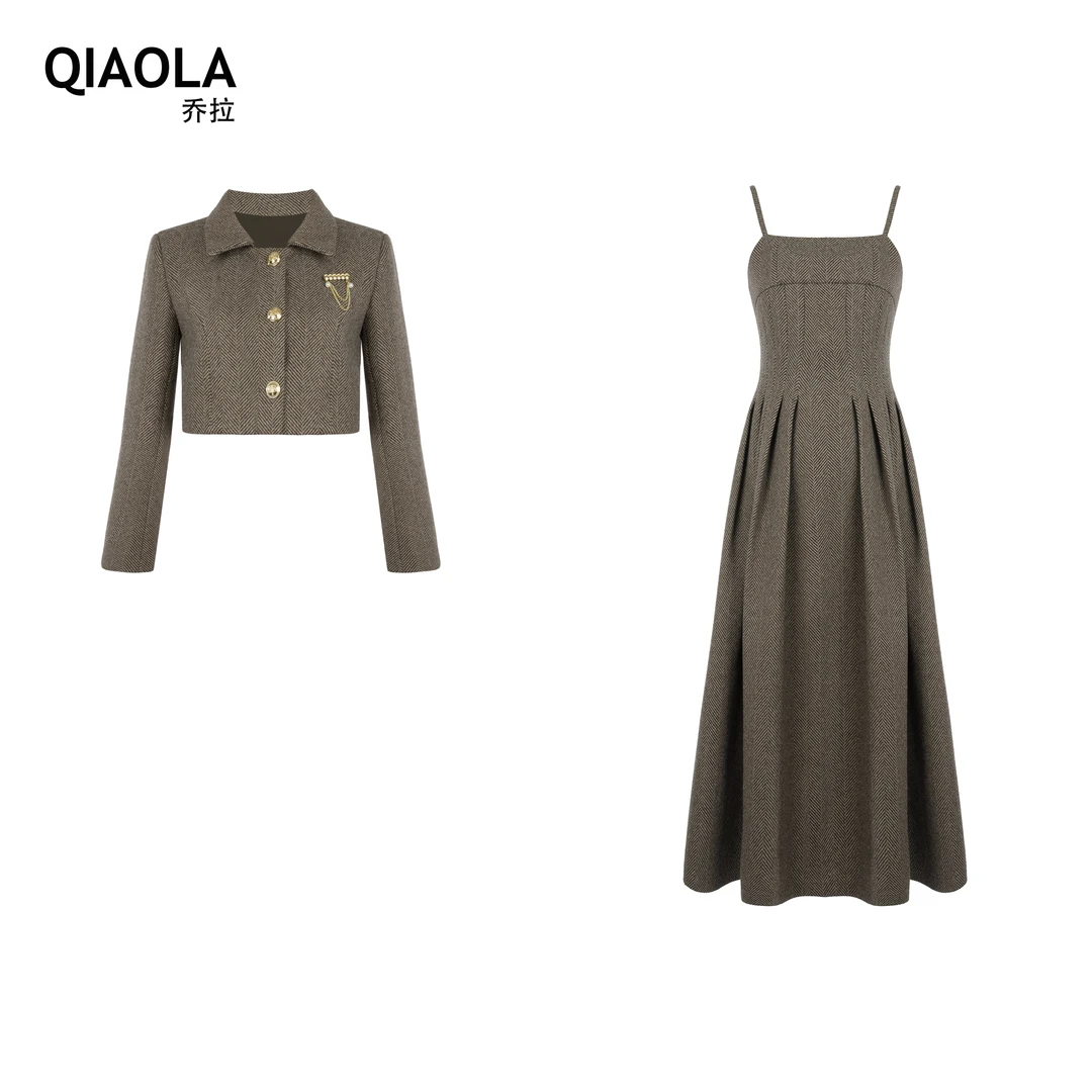 QIAOLA/乔拉【威廉往事】秋冬款小众高级毛呢拼接外套时尚套装预售