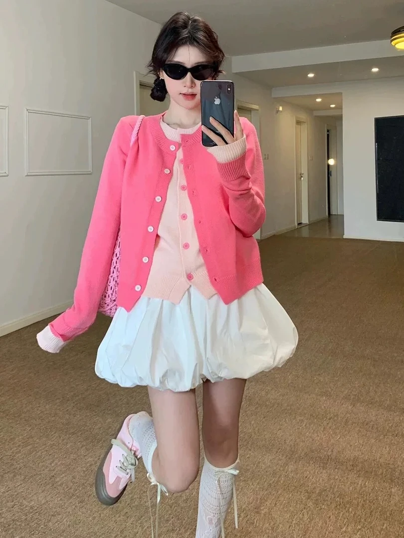 韩系拼接假两件开衫毛衣女春秋冬宽松软糯温柔别致休闲百搭针织衫