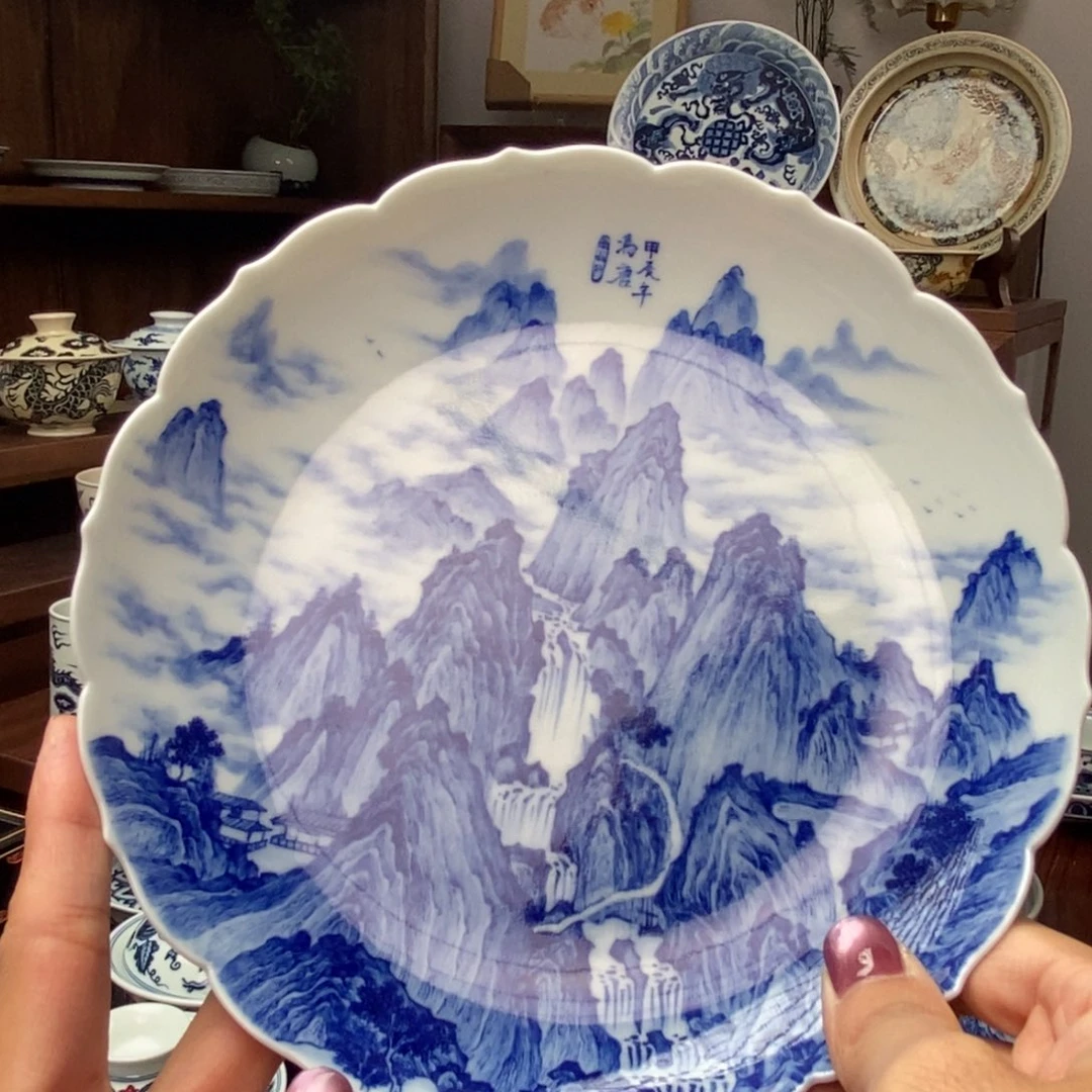 青花山水花口壶承