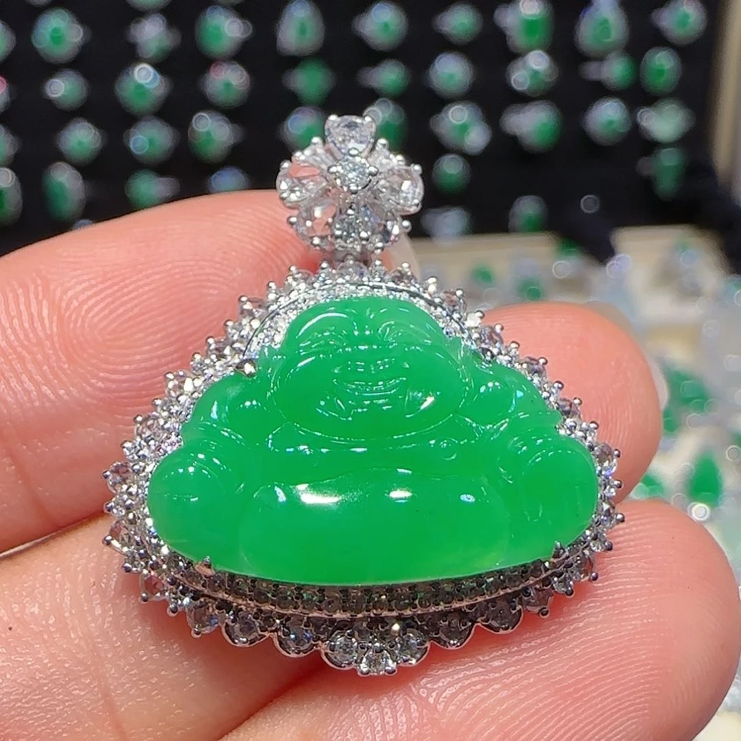 翡翠吊坠(不含链)18K金镶嵌佛公