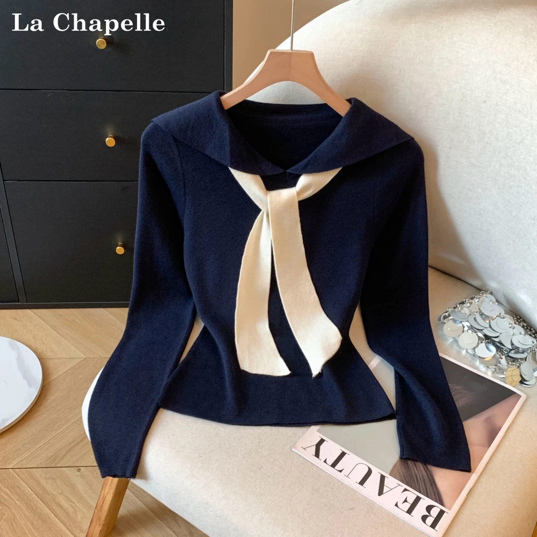 拉夏贝尔学院风减龄披肩长袖针织衫女秋季新款毛衣百搭老钱风上衣