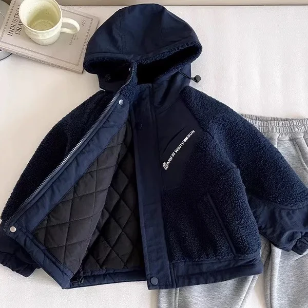 儿童夹棉外套25冬男童加厚羊羔毛连帽夹克宝宝小童保暖棉服