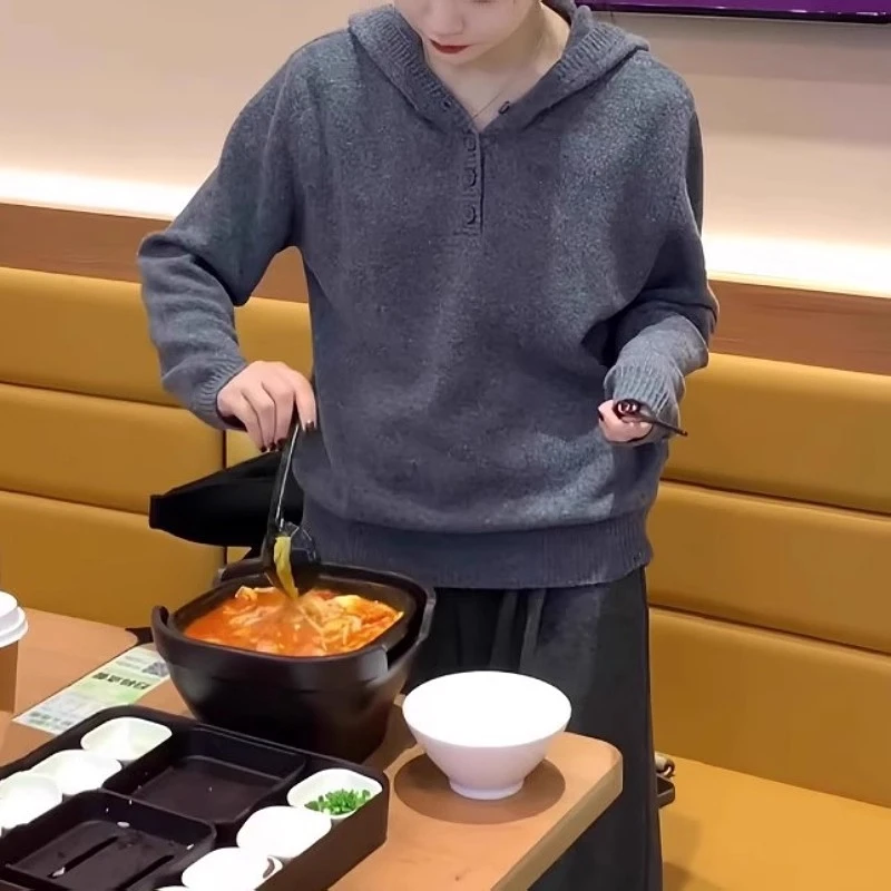 韩系简约纯色连帽针织衫女秋冬新款胖MM大码女装慵懒宽松打底上衣