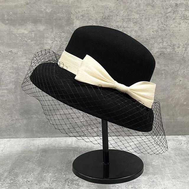 网纱羊毛礼帽女24新款秋冬法式覆古赫本风显脸小毛呢灯罩渔夫帽子