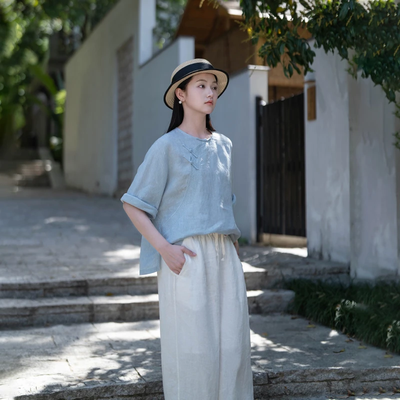 言作原创手工炒色100%汉麻新中式复古禅茶宽松衬衫上衣 隐形记念