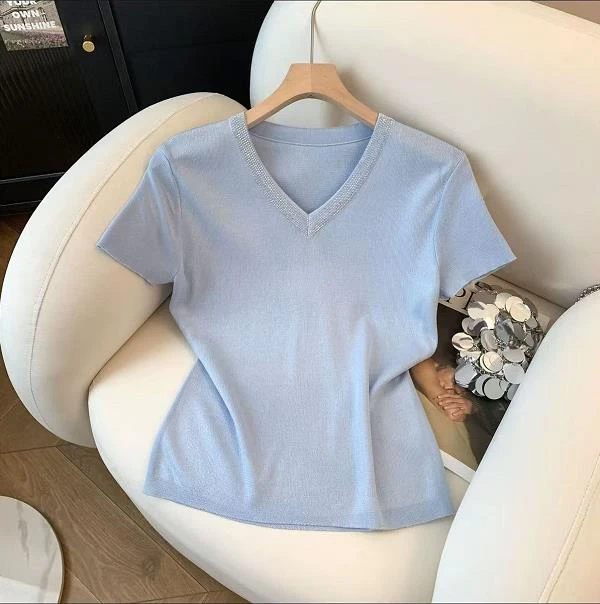 烫钻V领显瘦针织T恤女短款透气韩版2025年春夏设计感上衣H8-47