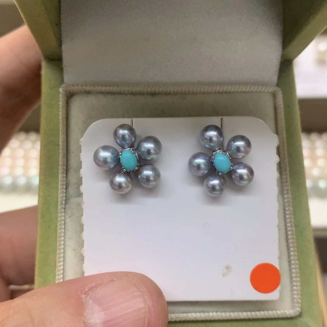 银S925镶嵌海水珍珠耳饰4-5真多麻花朵耳钉