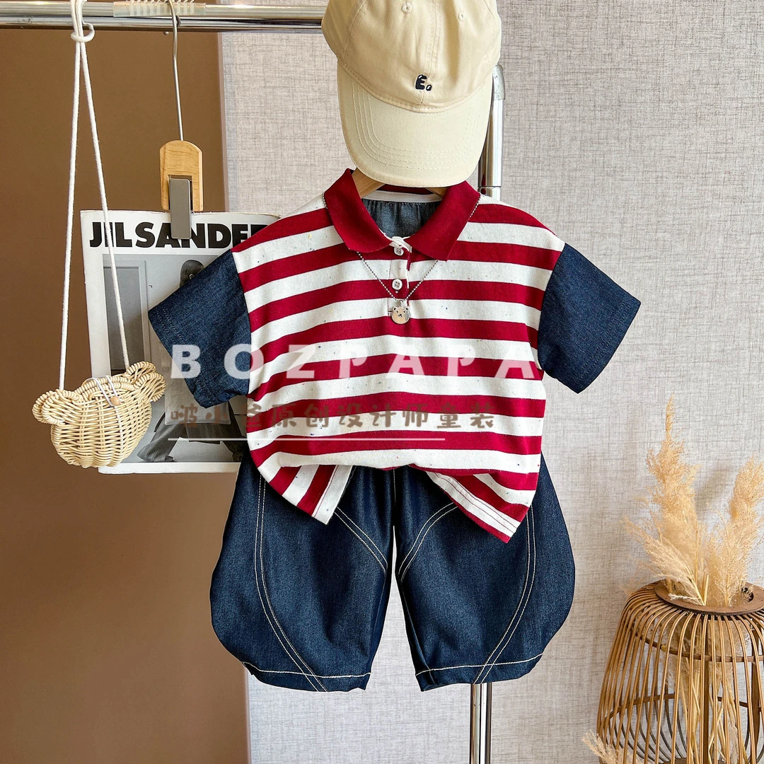 现货啵小爸【红焰交织】2025夏季男童韩系条纹拼接牛仔POLO衫套装