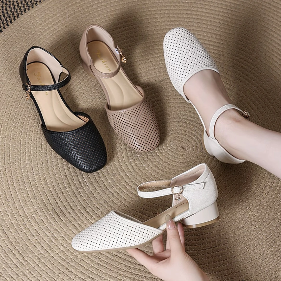 【品牌力荐】法式一字扣女鞋夏季真皮洞洞中空单鞋低跟包头8637