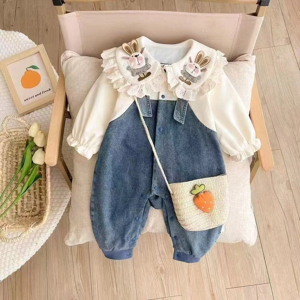 婴儿春秋装新生女宝宝牛仔连体衣新款超萌双层哈衣满月百天外出服