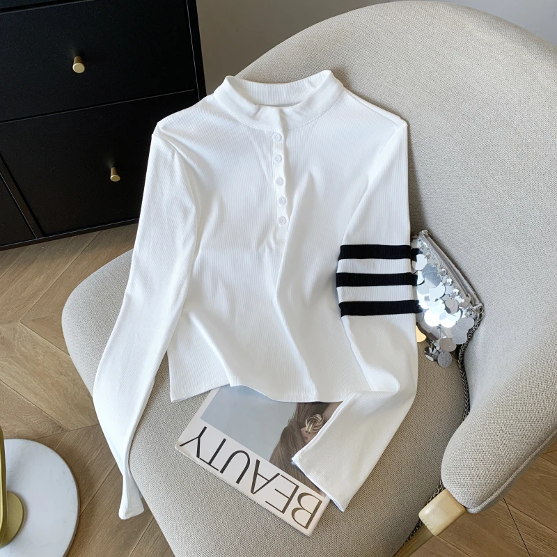 La Chapelle/拉夏贝尔复古立领修身长袖T恤女新款内搭打底衫上衣