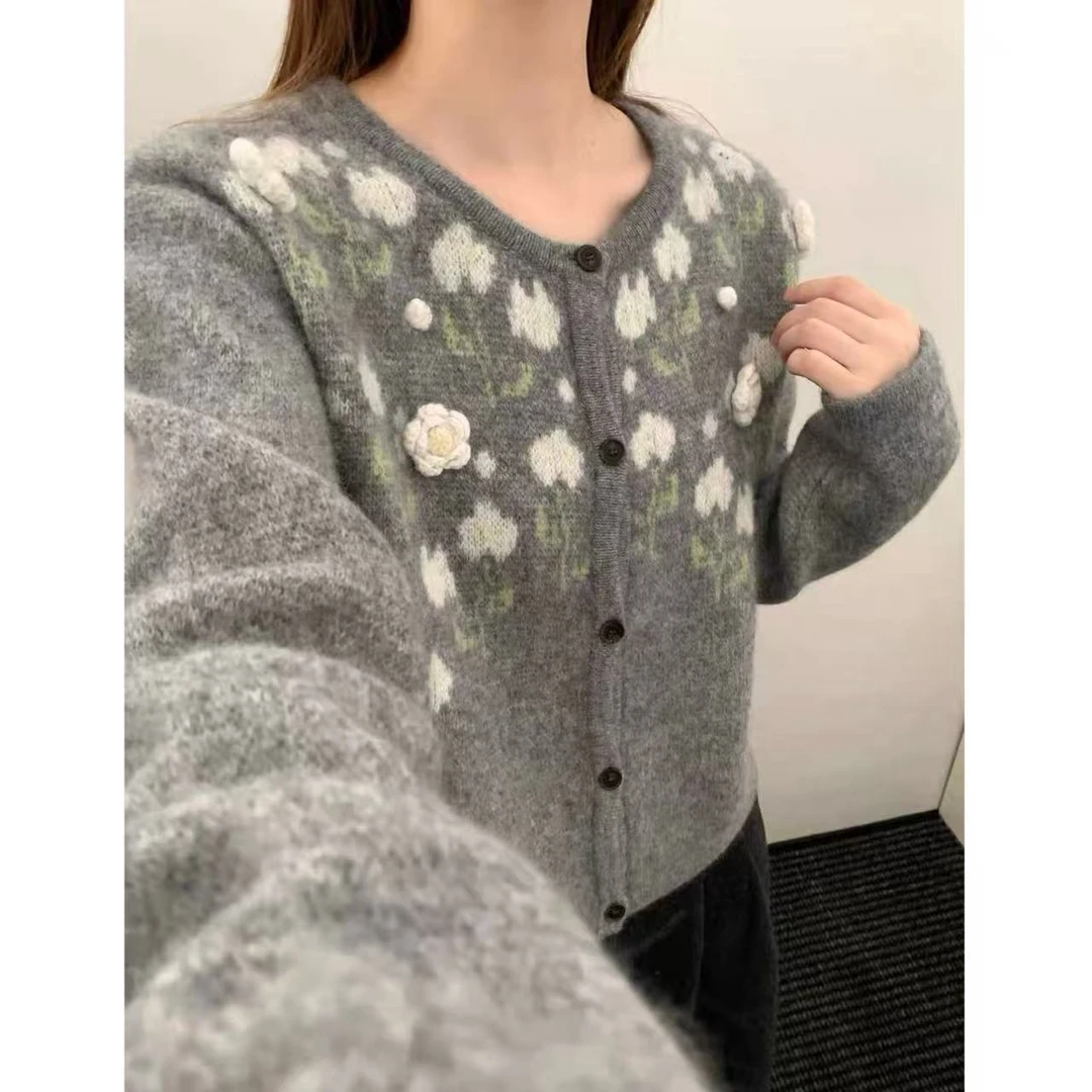 【小花开衫】小清新手工盘花精致气质宽松针织毛衣开衫2185