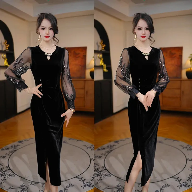 【黑鸢贵影】2025夏季新款收腰显瘦洋气减龄轻奢女人味黑色连衣裙