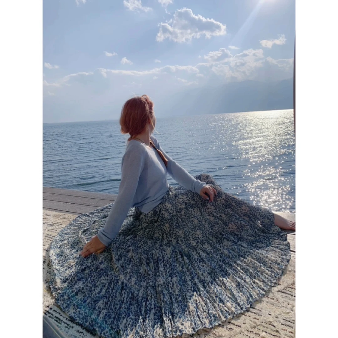 【夏上新-复古蓝调小碎花】复古春夏高腰显瘦气质超大裙摆半身裙