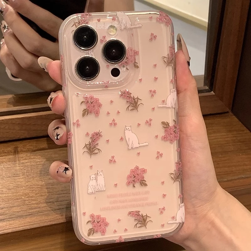 粉色碎花猫咪16max手机壳适用15苹果14/13/12Pro防摔少女创意软壳