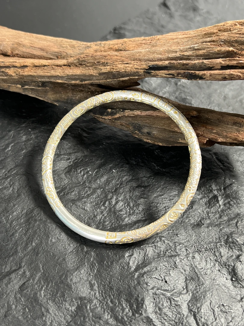 足银手镯 【平安喜乐】足银吉言手镯描金素圈银手镯新中式描金银镯