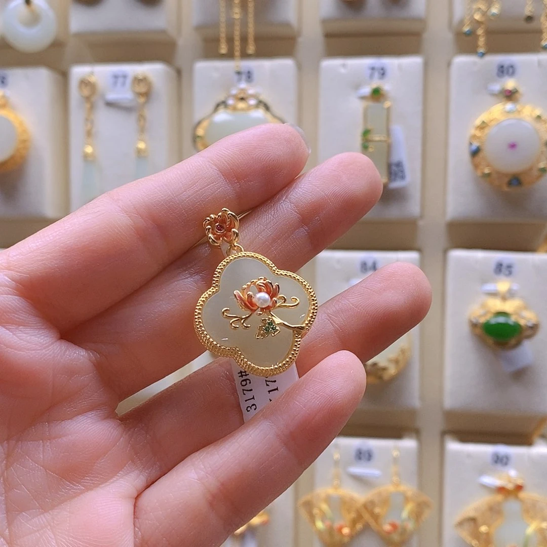 和田玉颈饰银S925镶嵌