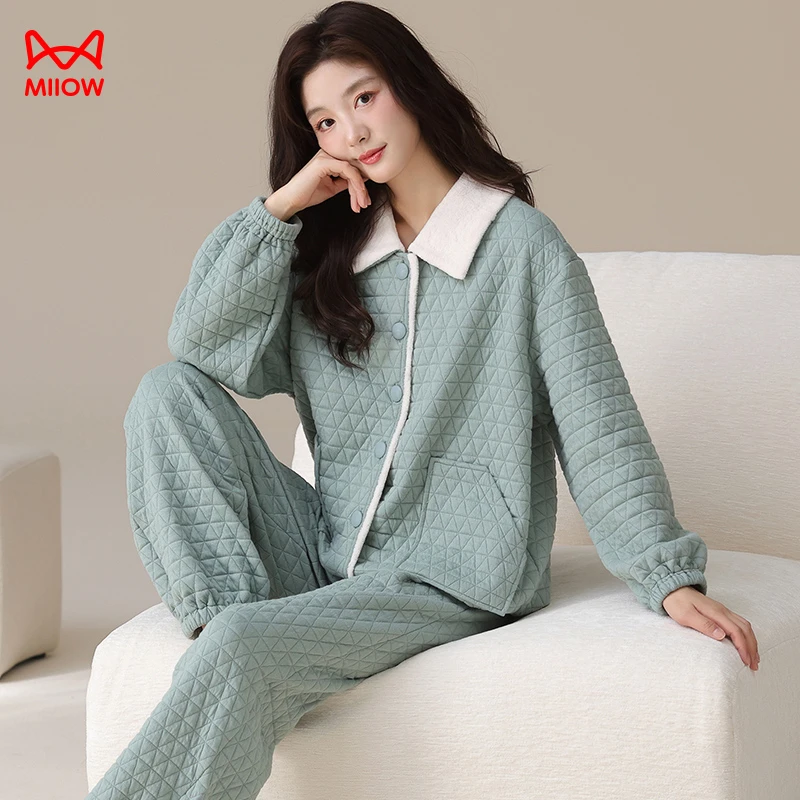 MiiOW/猫人湖绿色冬款女士保暖睡衣开衫翻领纯棉加厚夹层家居服