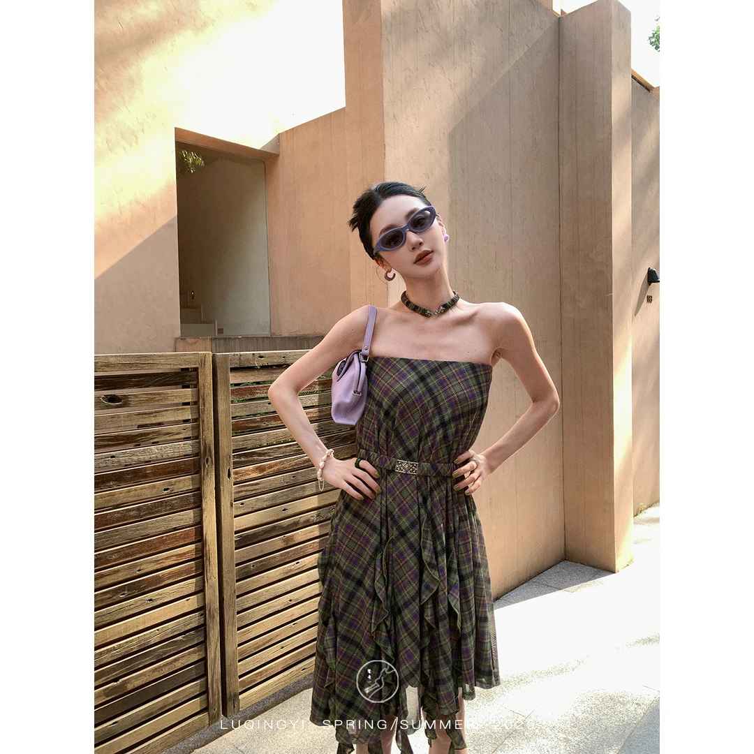 鹭青一原创【懒蝶】复古格纹半裙不对称设计两穿抹胸裙L25L2213N