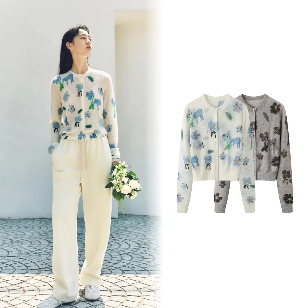 【】秋款花朵印花马海毛薄款圆领针织开衫外搭女