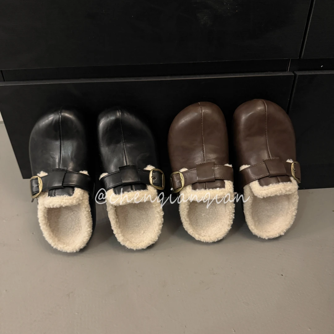 皮带扣浅口韩版纯色包头款包头拖平底时尚毛拖软底加绒厚底百搭