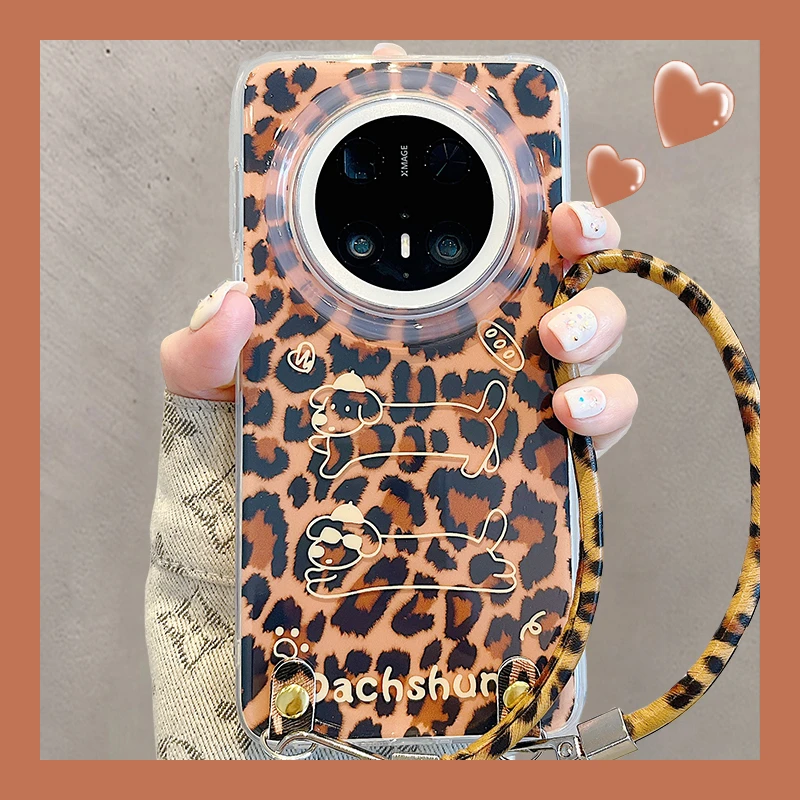 适用华为mate70pro+手机壳棕豹纹线条mate60pro+可爱腊肠狗手提绳