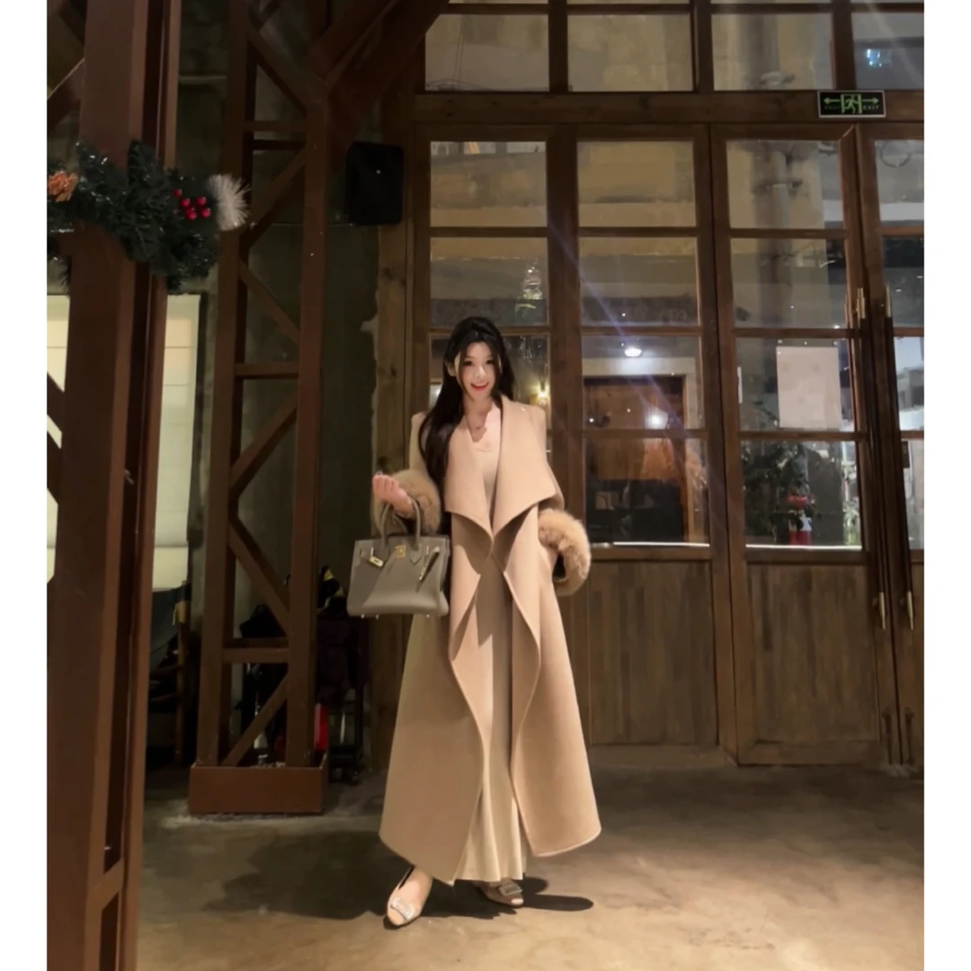 【新年战袍】【正肩袖窄细长版】【巨显瘦！】真狐狸毛大翻领羊毛大衣