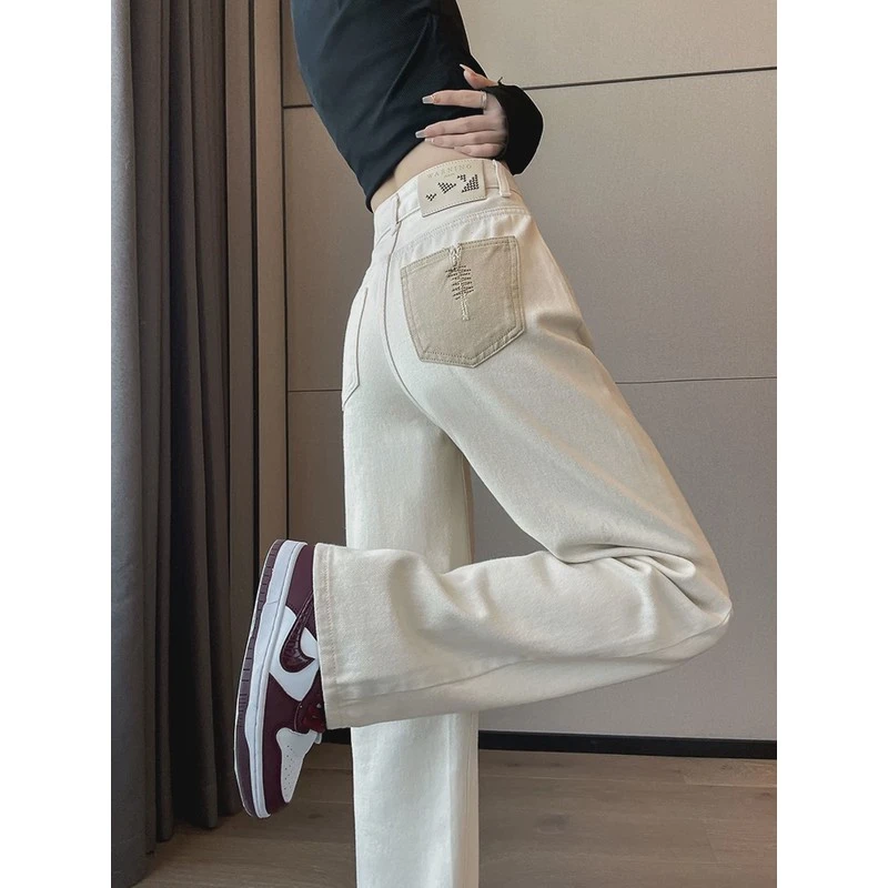 米白色牛仔裤女春秋2025年新款高腰宽松直筒裤小个子窄版阔腿裤子