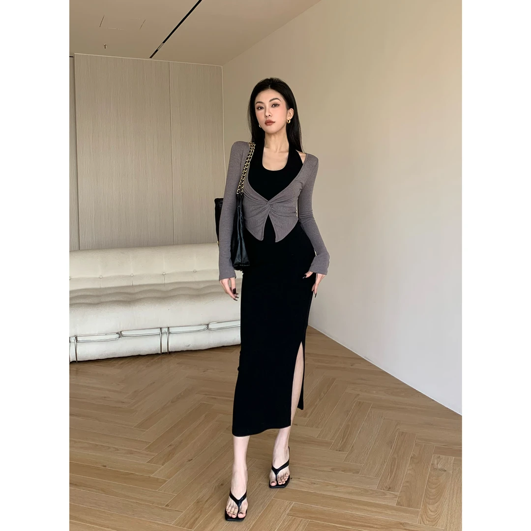 JIJINQI时尚气质显瘦修身法式两件套长袖收腰连衣裙女JC11TZXL411