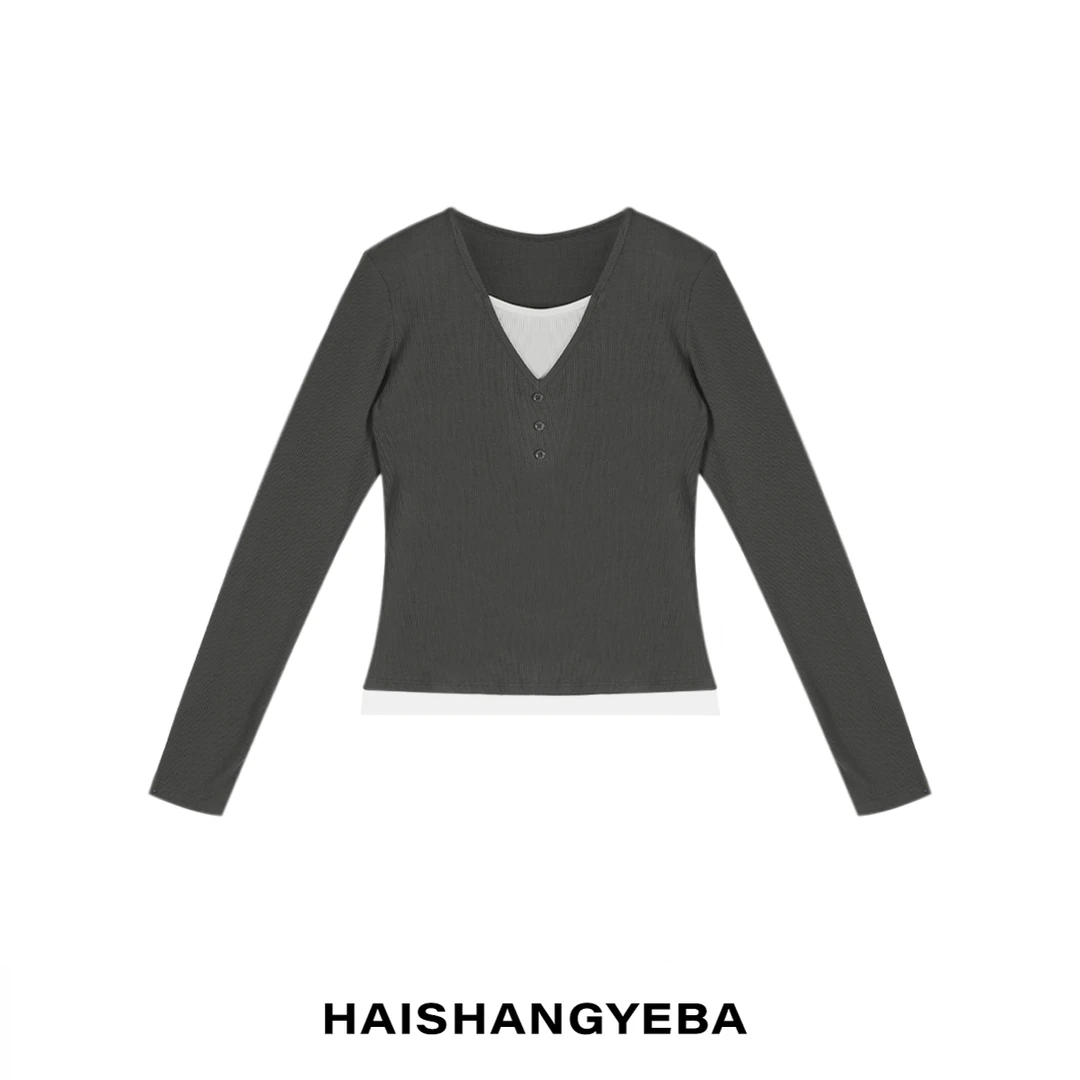 【海上叶爸】新款2025百搭竹纤维V领假两件白边休闲针织衫