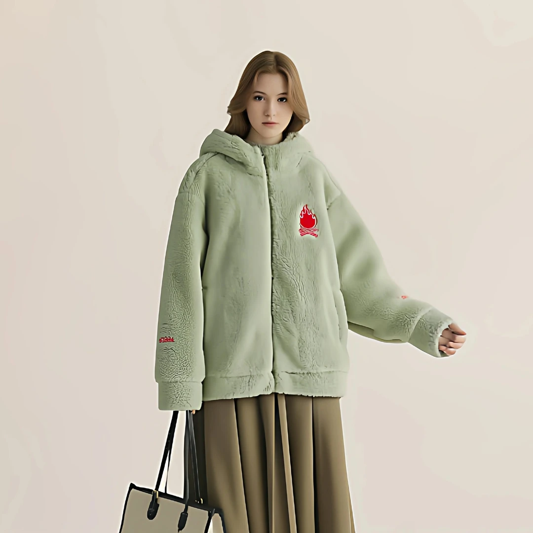冬季女款重磅仿羊羔毛外套宽松保暖摇粒绒珊瑚绒防风连帽外套卫衣